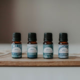 The Cabin Collection essential oils made of Chinook blend (lavender and peppermint), Healer's Blend (traditional thieves blend), Boreal Blend and Cleanse blend. Bring the cabin home