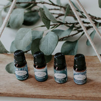 The Cabin Collection essential oils made of Chinook blend (lavender and peppermint), Healer's Blend (traditional thieves blend), Boreal Blend and Cleanse blend. Bring the cabin home
